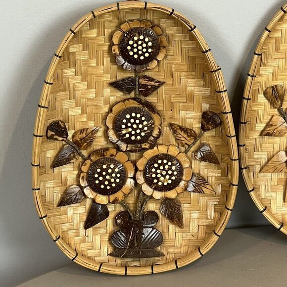 2 Vintage 70s Oval Wooden Wall Art Flowers Polynesian Tiki Boho Chic 10" - Picture 2 of 15